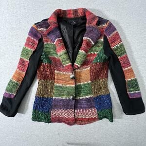 Kaktus Jacket Womens Medium Colorful Knit Patchwork Smocking Blazer Boho Artsy